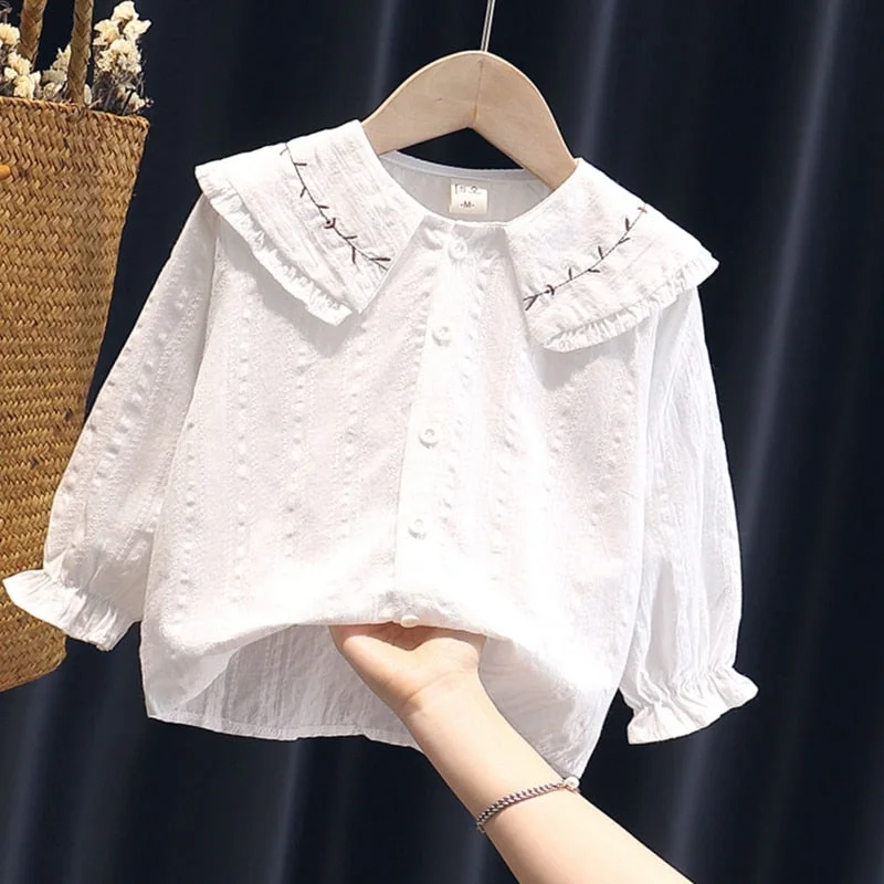 Long Sleeve Children's Shirts Baby Girl Cotton Tops Embroidery Fashion Toddler White Blouse Spring & Autumn Clothes for Teens