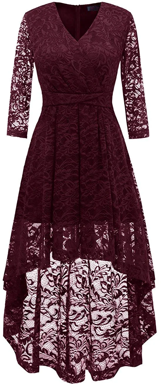 Women's Vintage Floral Lace 3/4 Sleeves Dress Hi-Lo Cocktail Party Swing Dress