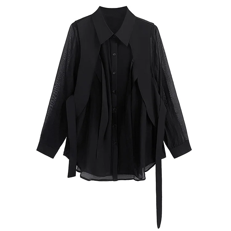 Niche Design See-Through Long Sleeve Shirt - yankia
