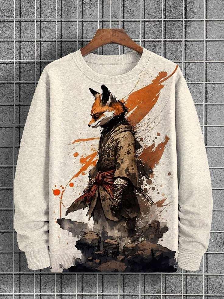 Men's Fox Warrior Watercolor Art Print Casual Sweatshirt