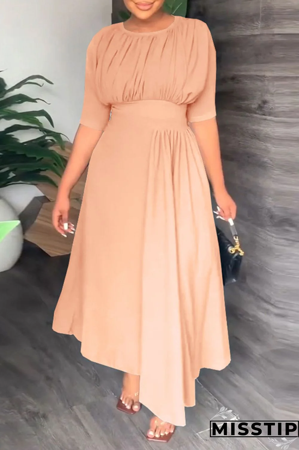 Apricot Pink Casual Print Patchwork Fold O Neck Straight Dresses
