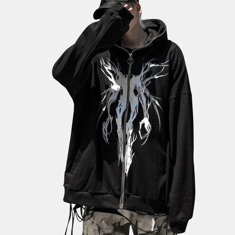 Street Style Embroidery Oversize Zipper Hooded Coat