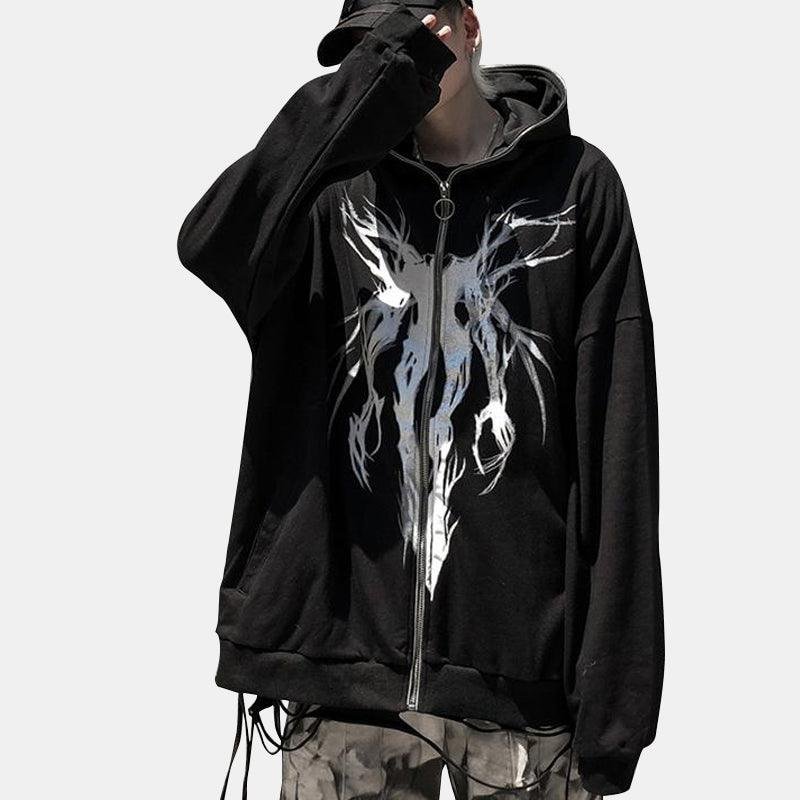 Street Style Embroidery Oversize Zipper Hooded Coat