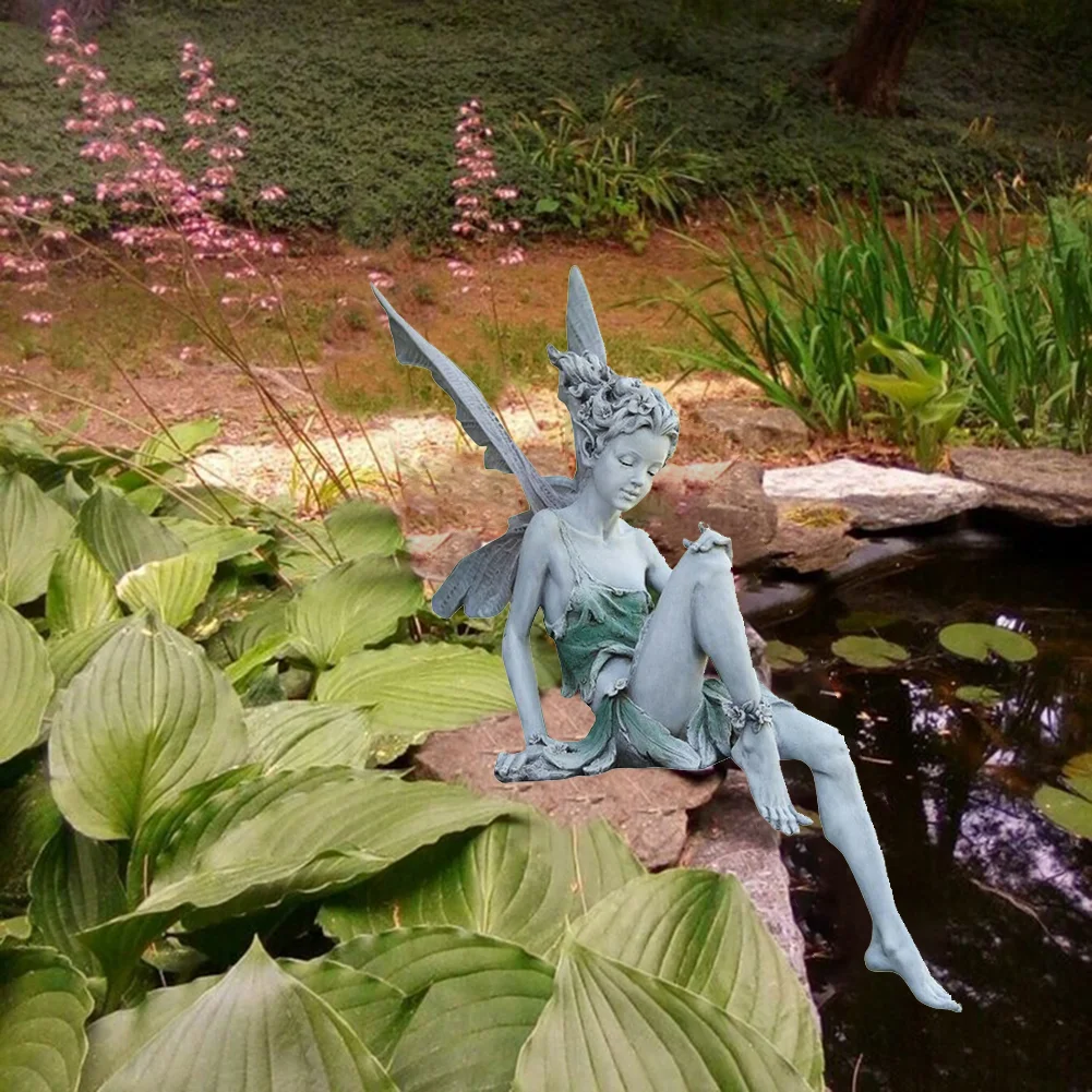 Flower Fairy Sculpture Yard Landscaping Resin Turek Sitting Statue (White)