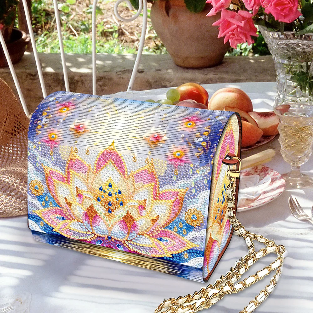 DIY Lotus Diamond Art Wooden Coin Pouch with Chain 5D Diamond Painting Purse