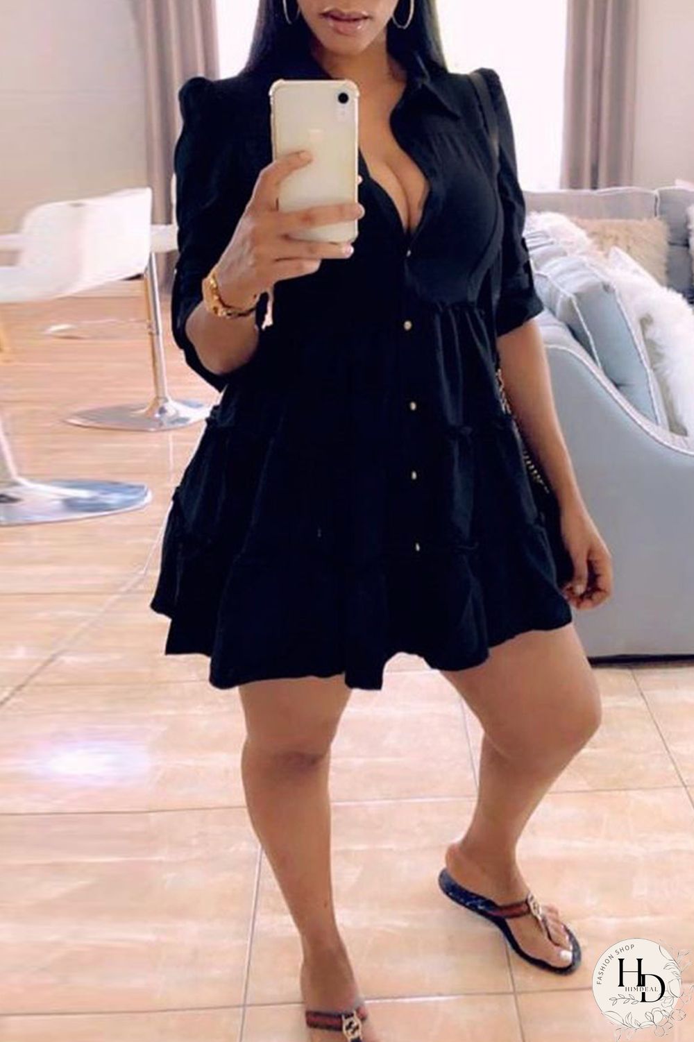 Rose Red Fashion Casual Solid Turndown Collar Shirt Dress