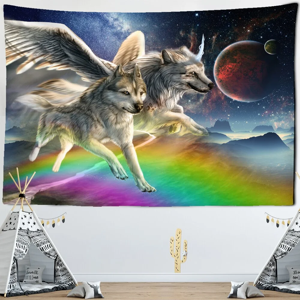 Wolf Warrior Tapestry Dreamcatcher Wall Hanging Psychedelic Galaxy Space Tapestry Boho Decor Animal Sheets Beach Yoga Mat