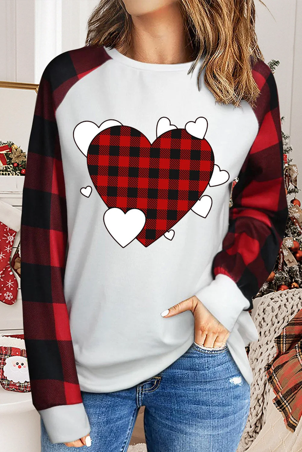 Love Plaid Printed Crewneck Women's Sweatshirt