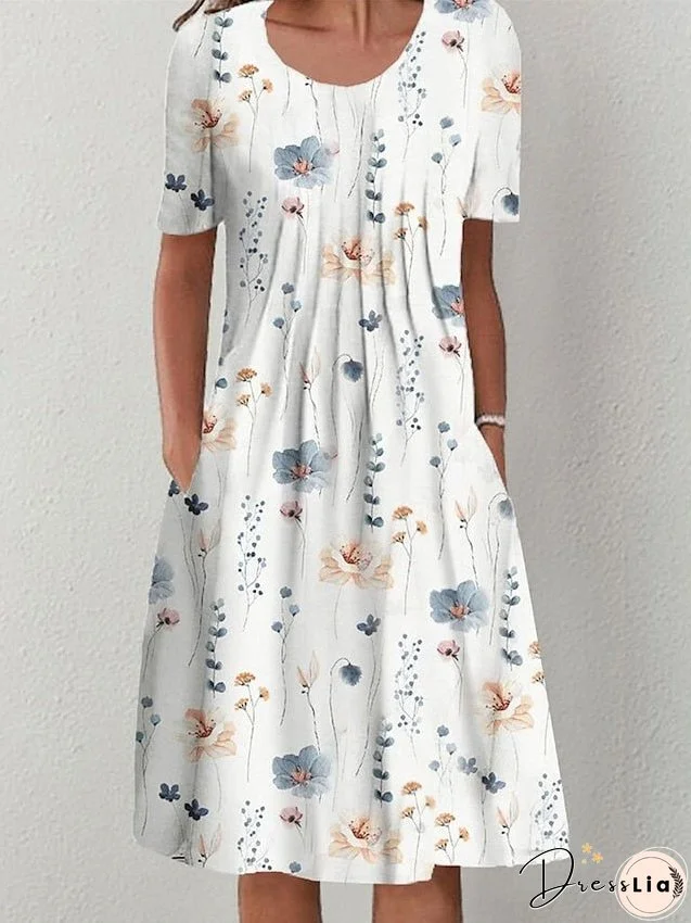 Women's Dress - Casual Dress Summer Dress Print Dress Floral Ruched Pocket Crew Neck Midi Dress Fashion Modern Outdoor Daily Short Sleeve Loose Fit White Red Navy Blue Summer Spring S M L XL XXL