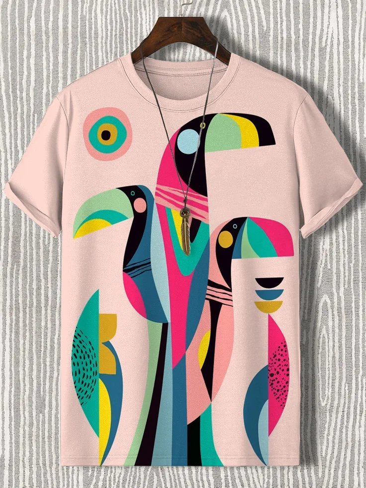 Men's Tropical Toucan Abstract Graphic Print Casual T-Shirt
