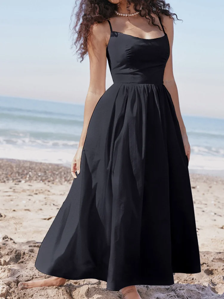 Fashion Party Solid Color Sleeveless A-Line Loose Elegant Chic Casual Midi Dress