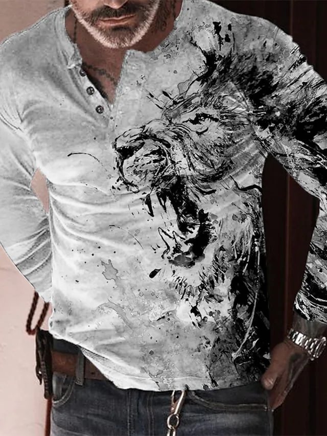 Men's Lion Graphic Prints Henley T shirt Tee