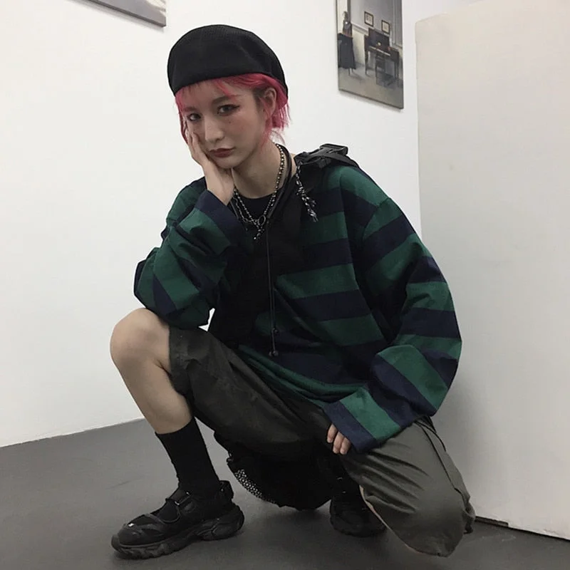 Japanese Harajuku Green/Black Oversize Stripe Long Sleeve Shirt SP17229