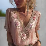 Boho Pink Flowers Fiber Art Lace Flowy Tunic - Image 2