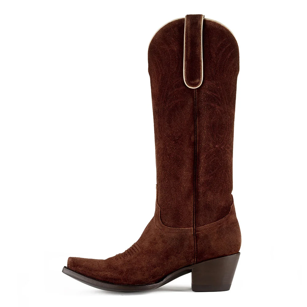 Classic Dark Brown Vegan Suede Chunky Heel Western Boots for Women