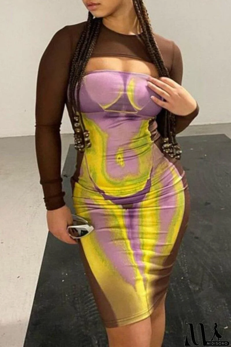 MidiSono - Sexy Casual Print Hollowed Out O Neck Long Sleeve Dresses