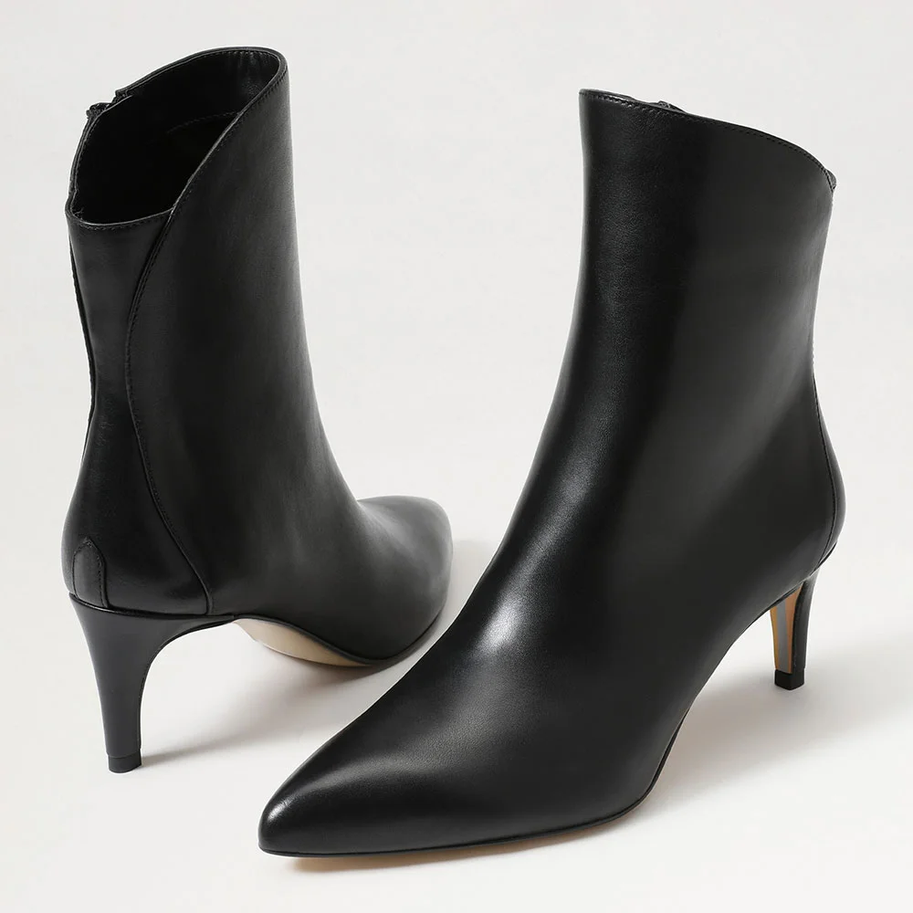 Faux Leather Pointed Toe Black Heel Booties with Side Zipper