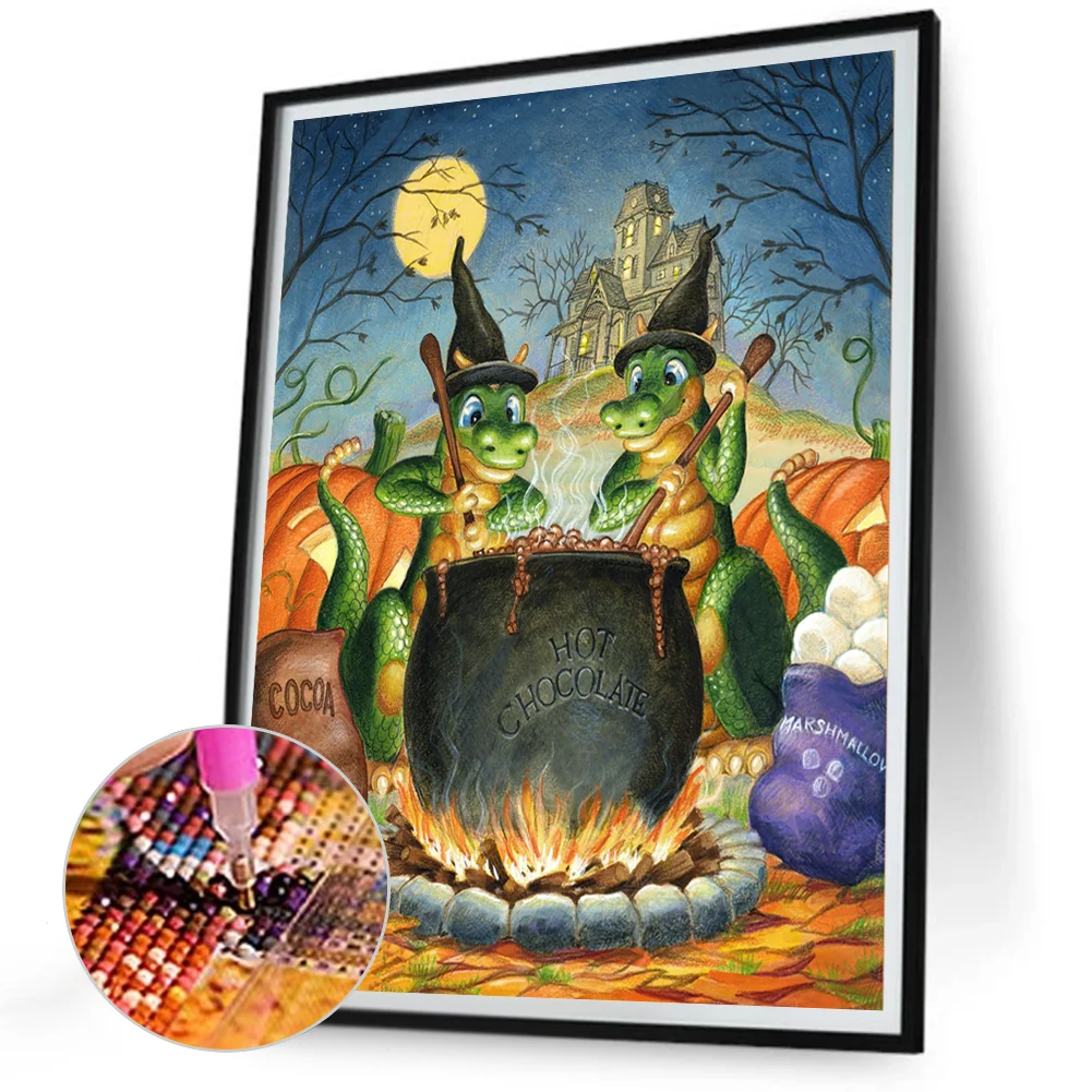 Full Round Diamond Painting 30*40cm - Green Dinosaur Cooking Soup