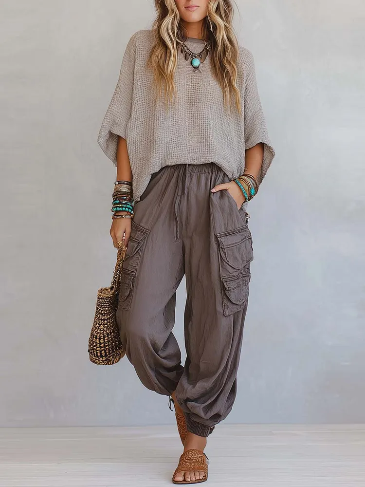 Casual & Cozy Two-piece Set: Waffle-knit Cotton Top And Cotton Cargo Pants