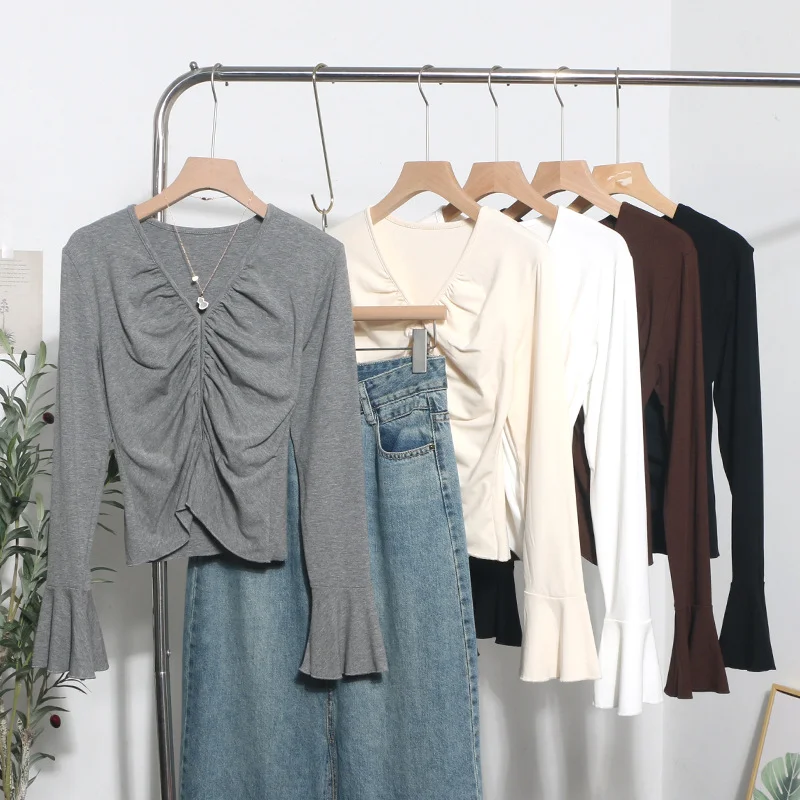 Uveng Real Shooting 2024 Autumn Dress Sexy V-Neck Folded Open Fork Short High-Waisted T-Shirt Horn Long Sleeve Bottom Top 161