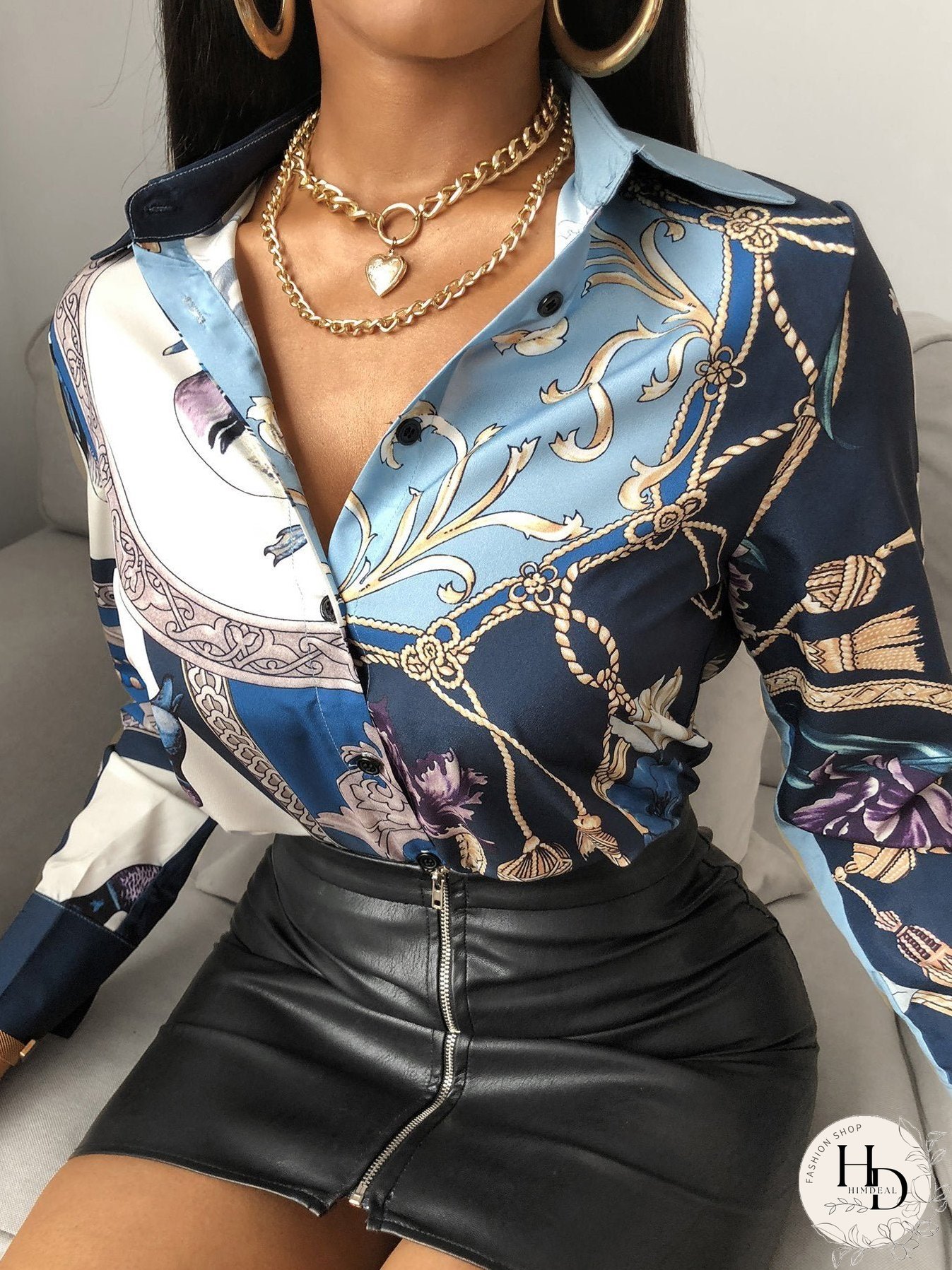 Bird Scarf Print Long Sleeve Shirt