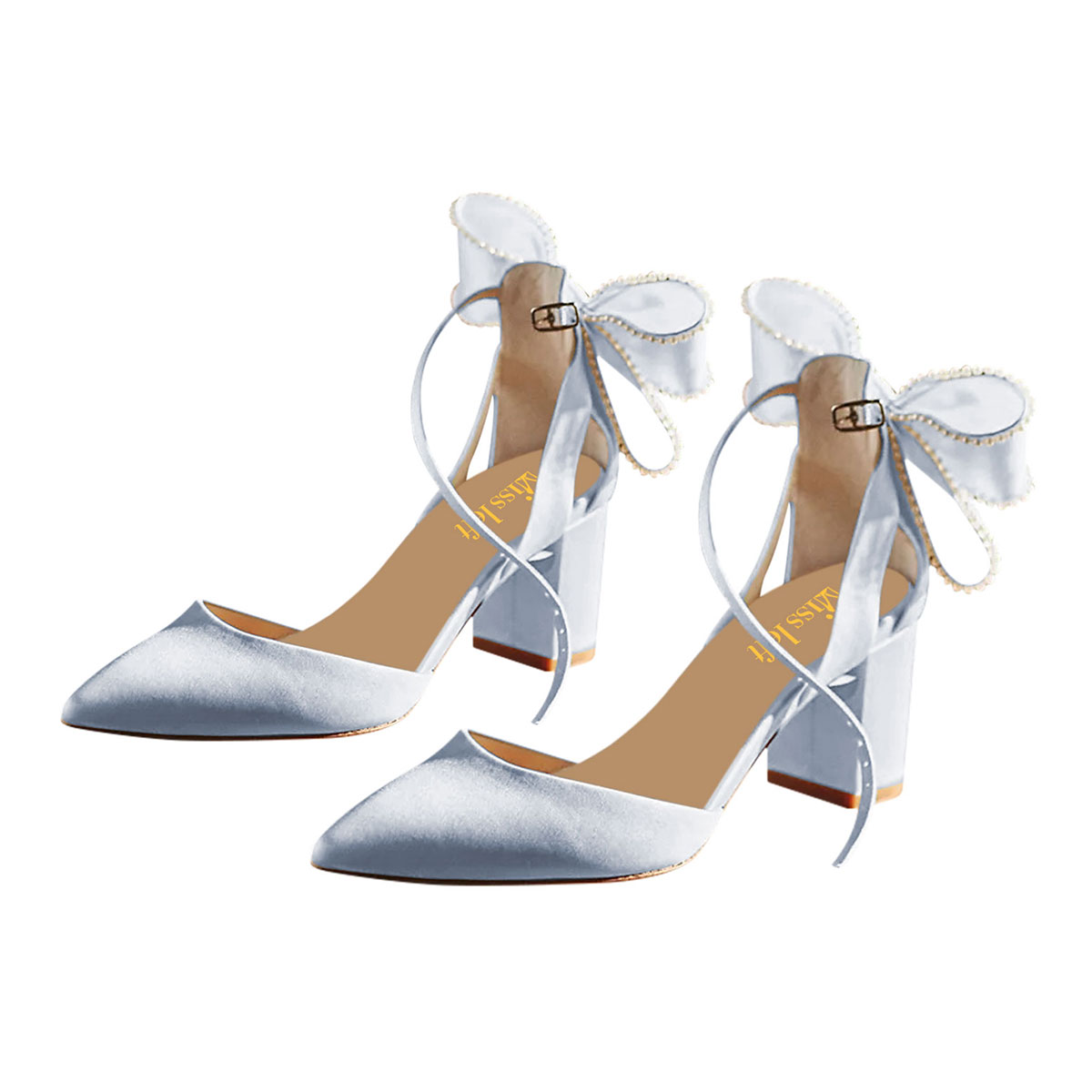 Blue Satin Pearls Pointed Toe Chunky Heel Wedding Shoes with Bows Nicepairs