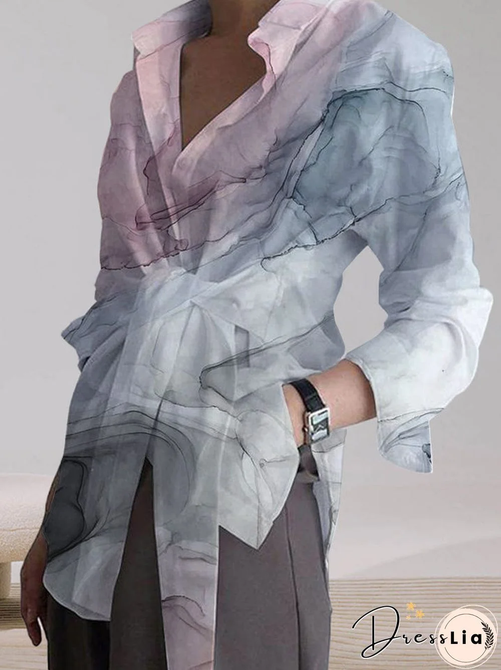 Temperament Marble Loose Tie Long Sleeve Casual Shirt Top