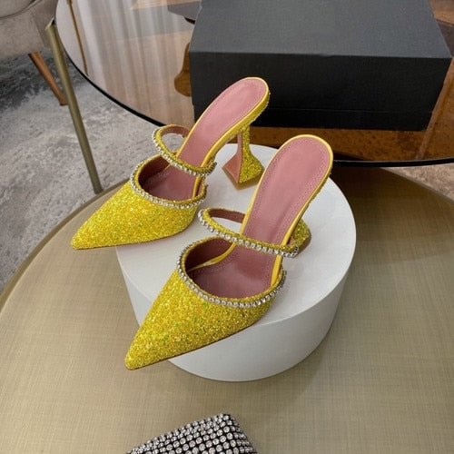 2021 Summer New Pointed Toe Rhinestone Sequined Stiletto Slippers Leopard Print Baotou Half Drag Sandals