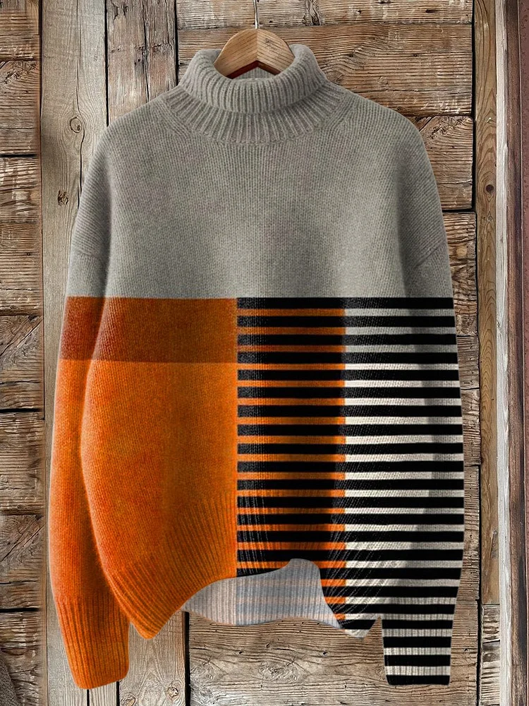 Artistry Color Block Art Printed Knit Turtleneck Pullover Sweater