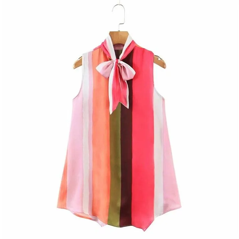 PUWD Casual Woman Loose Stripe Lacing Sleevles Tops 2021 Summer Fashion Female Oversized Tanks Laides Colorful Bow Beach Vest