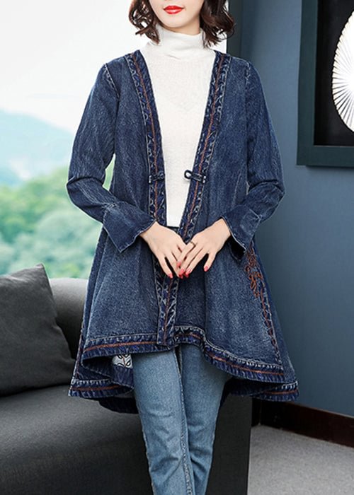 Fashion Blue low high design V Neck Embroideried Cotton Denim trench coats Long Sleeve CK1494- Fabulory