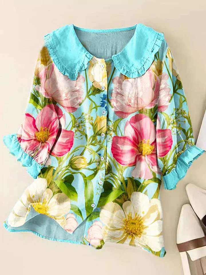 Women Vintage Floral Art Print Peter Pan Collar Half Sleeve Blouses