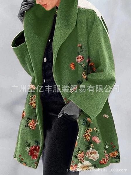 Slim-fit woolen coat green collar temperament college printed lapel coat