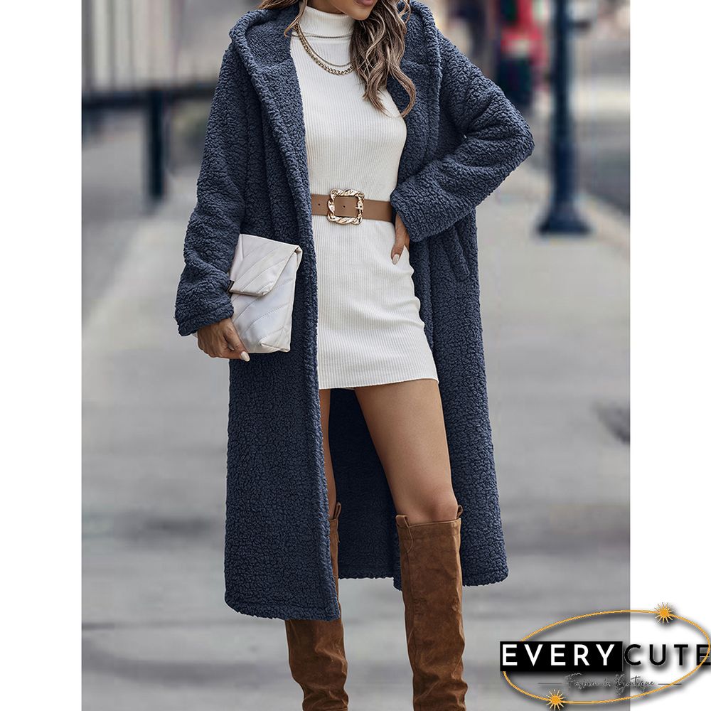 Navy Blue Open Front Long Sleeve Hooded Fleece Coat