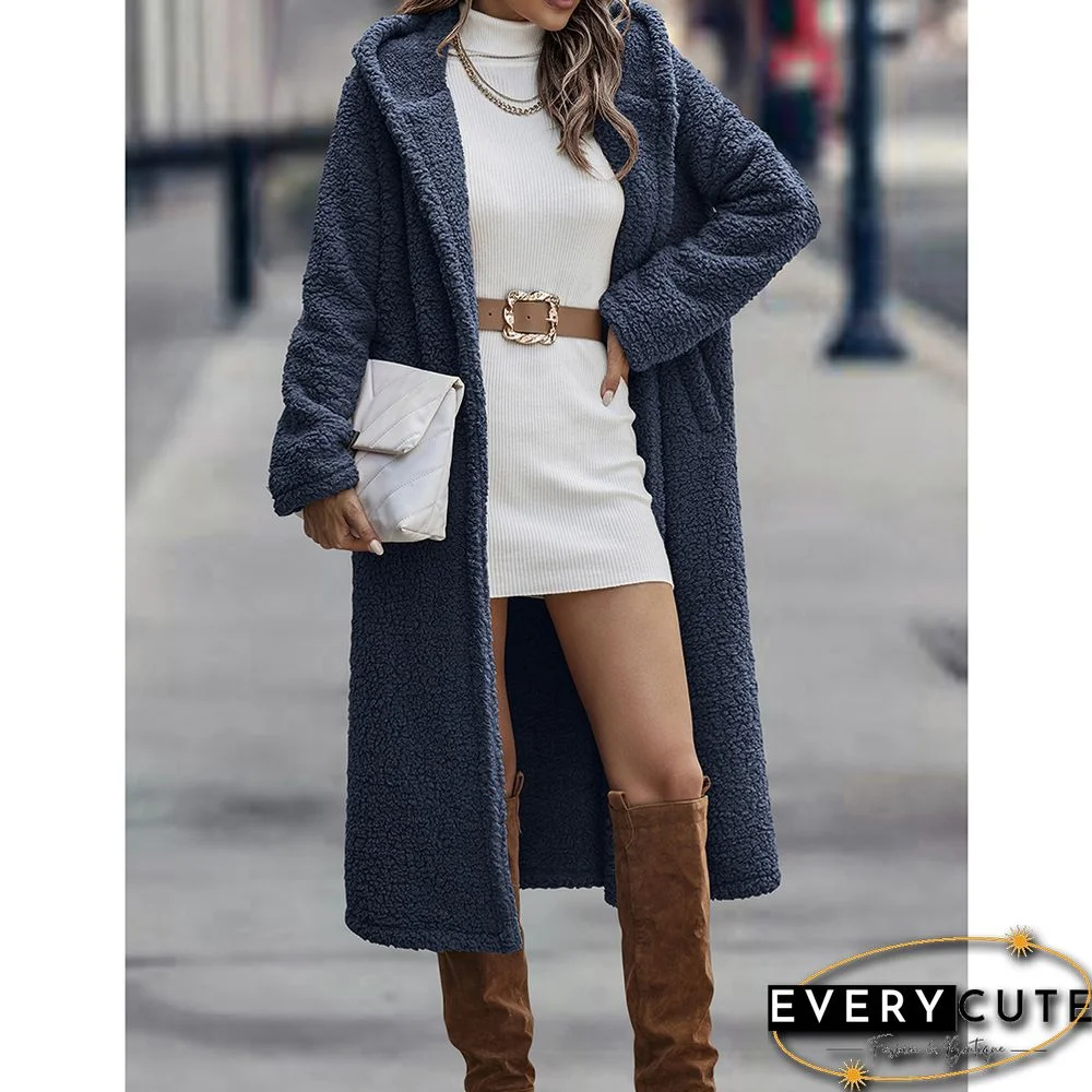 Navy Blue Open Front Long Sleeve Hooded Fleece Coat