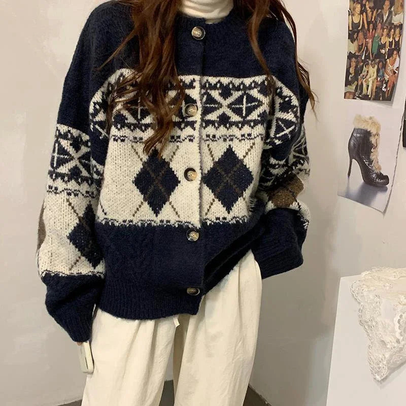 Korean Patchwork Cardigan Sweaters Women Lazy Wind Vintage Argyle Long Sleeve Knitted Coat Casual O Neck Female Print Top Aiertu