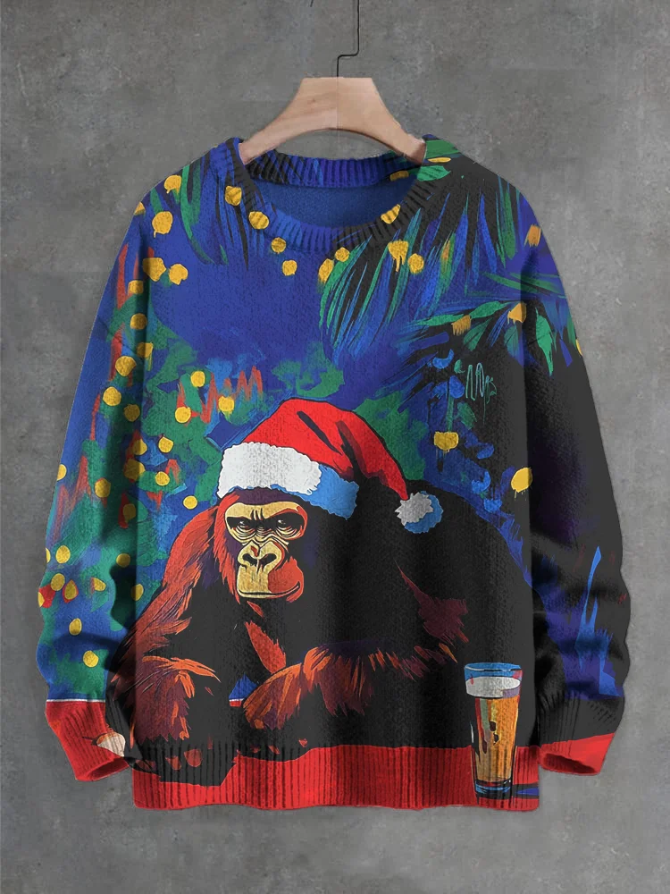 Men's Orangutan With Santa Hat And Wine Art Print Knit Sweatshirt