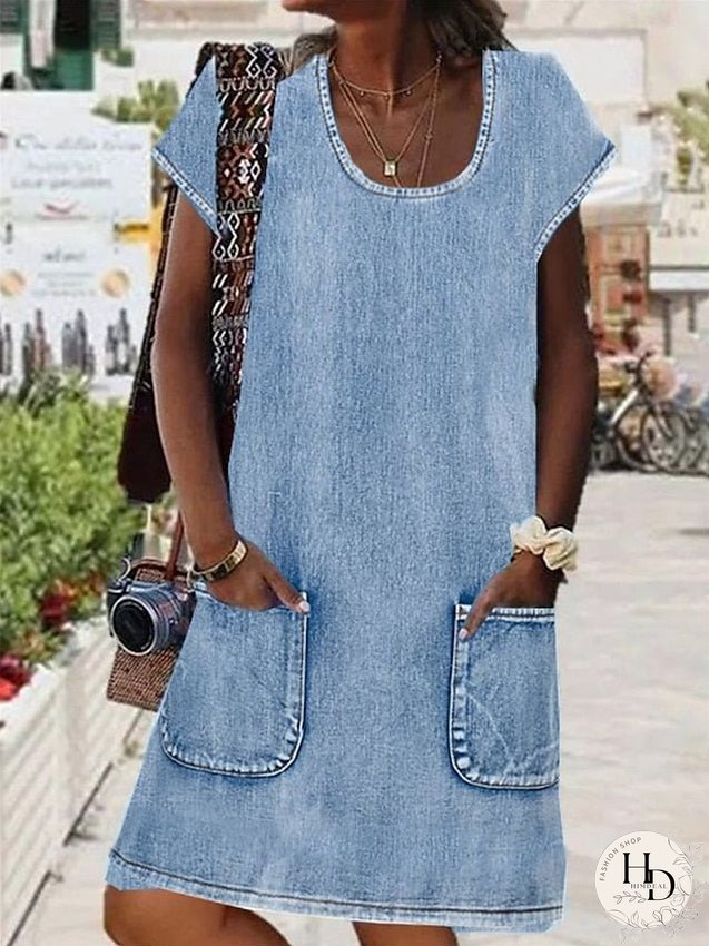 Denim Dress Casual Dress Shift Dress Midi Dress Denim Fashion Basic Outdoor Daily Vacation U Neck Pocket Short Sleeve Summer Spring Regular Fit Blue Plain S M L XL 2XL for Women