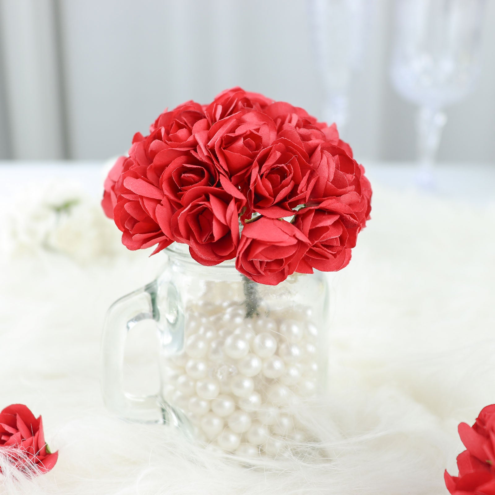 Crafted Roses 144 Pack | Red Paper Mini Craft Roses, DIY Craft Flowers With Wired Stem