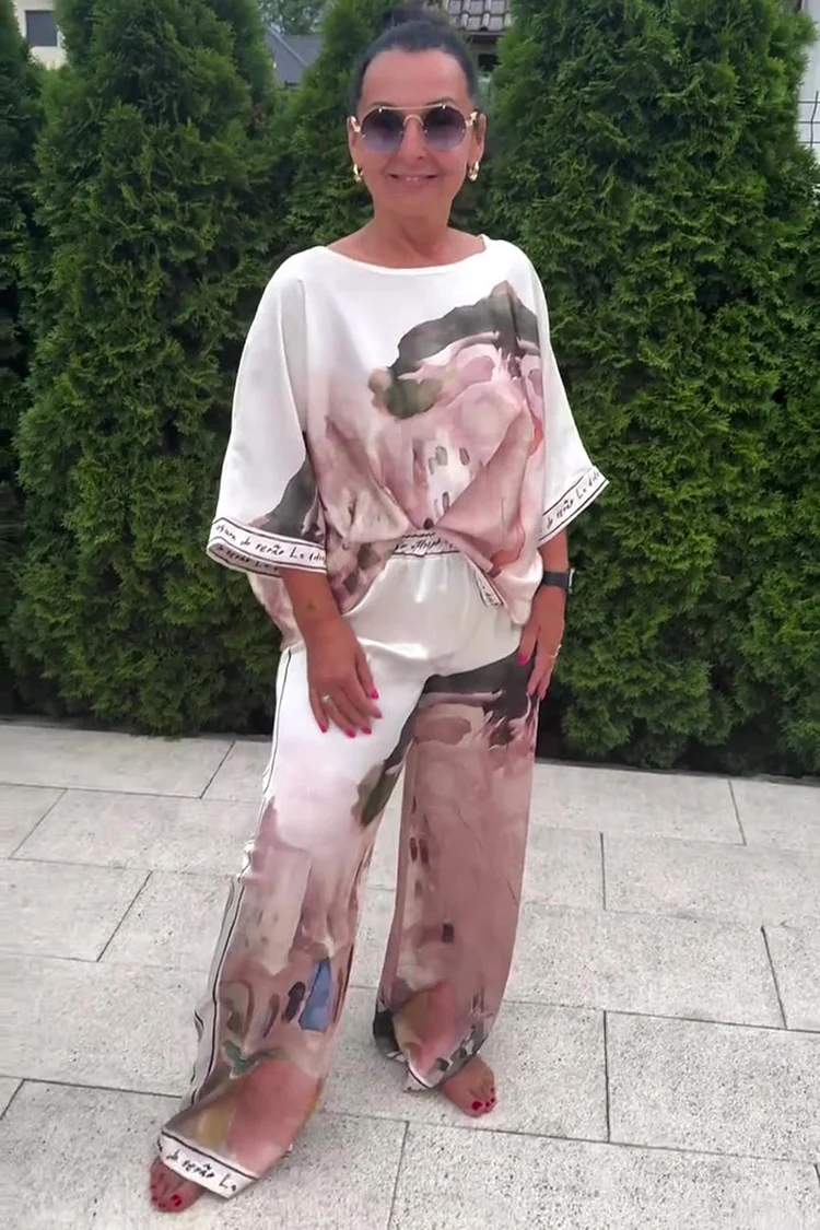 Watercolor Print Loose-Fit Top Wide Leg Pants 2pcs Set-Pink [Pre Order]
