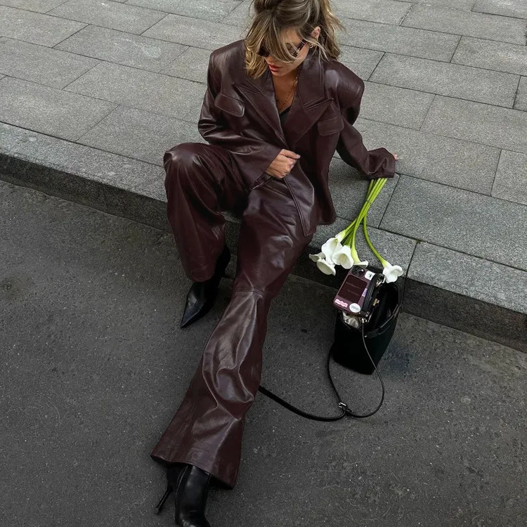 Churchf Churchf Spring And Autumn New Retro Green Fruit Collar With Belt Leather Coat High Waist Leather Pants Fashion Suit Female