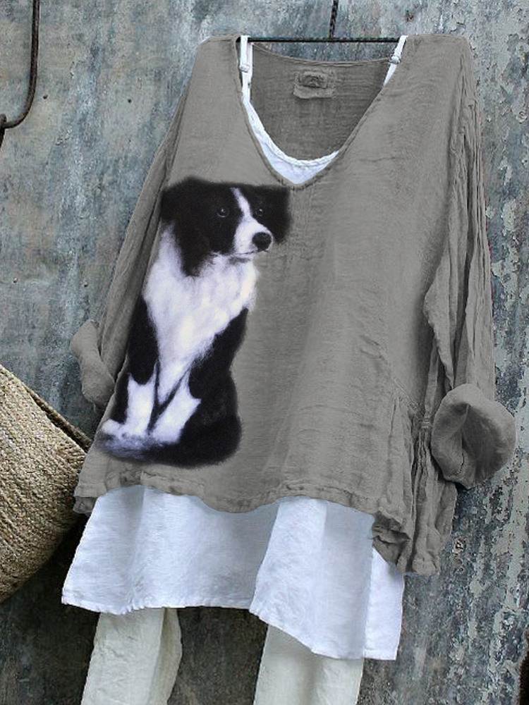 Comstylish BorderCollie Dog Fuzzy Felt Art Linen Blend Tunic