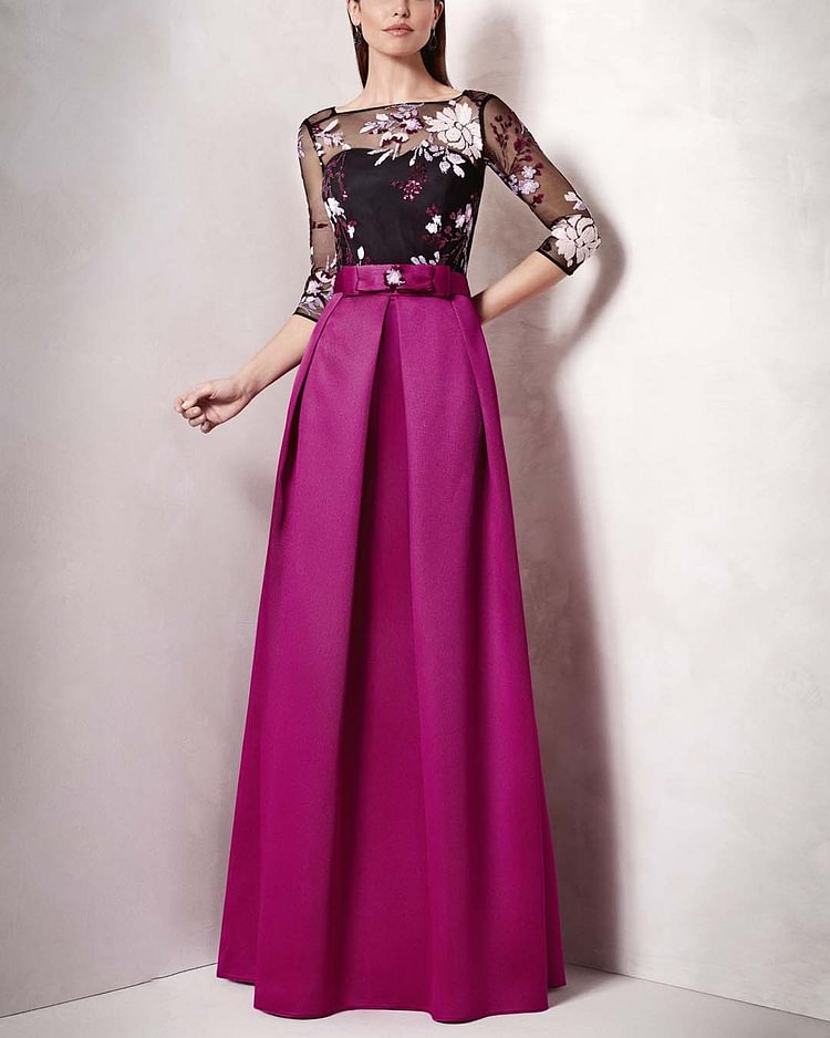 Floral Embroidered Satin Gown Dress