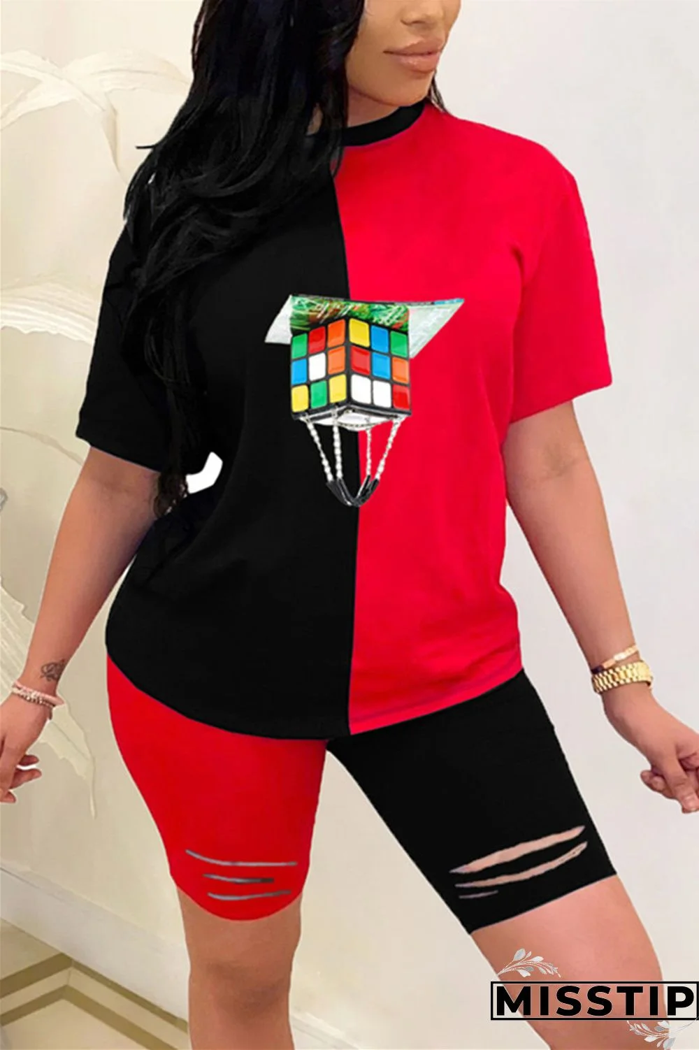 BlackRed Fashion Casual Printed T-shirt Patchwork Set