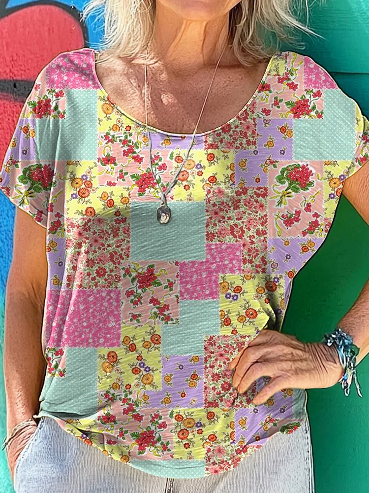 Retro Flower Patchwork Art Print 100%Cotton Crew Tee T-Shirt