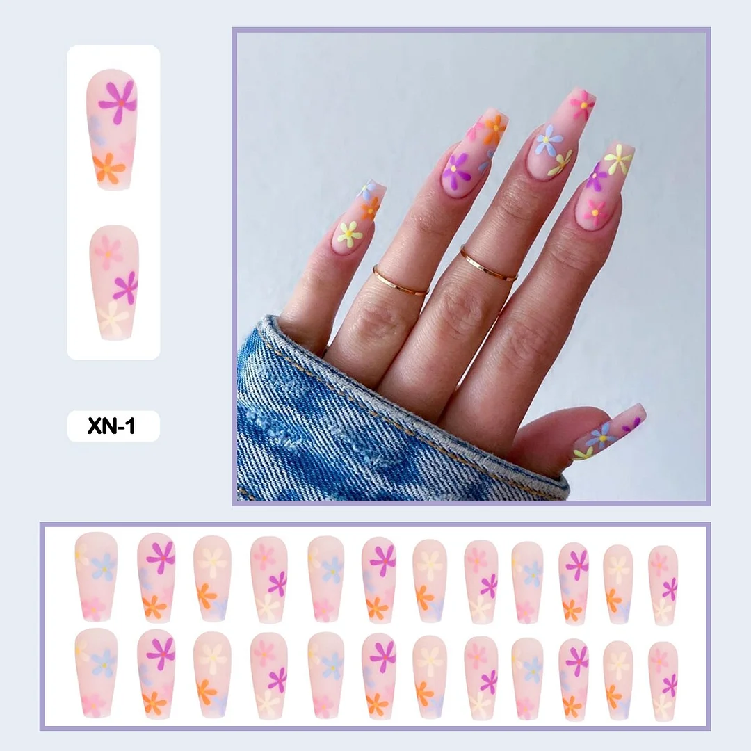 24pcs/box Press On False Nails Long Trapezoid Daisy Broken Flowers Wearable Fakse Nails With Glue and Wearing Tools As Gift-Nail Inspo