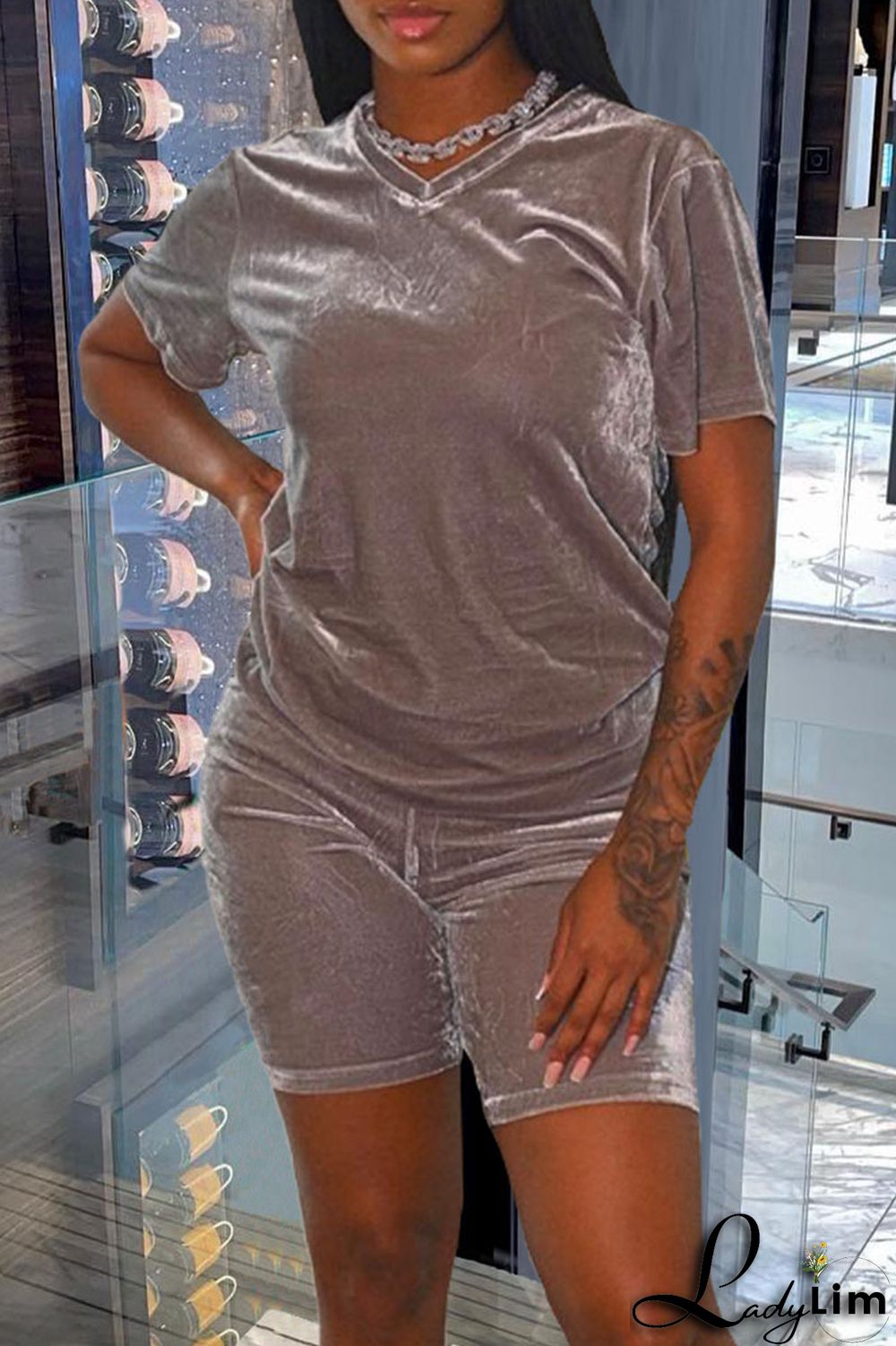 Champagne Casual Solid Split Joint V Neck Short Sleeve Two Pieces