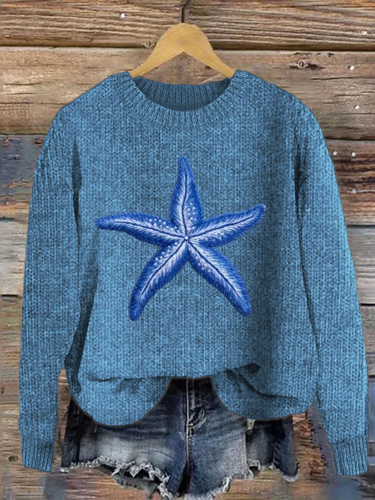 Comstylish Starfish Sea Animals Embroidery Knit Sweater