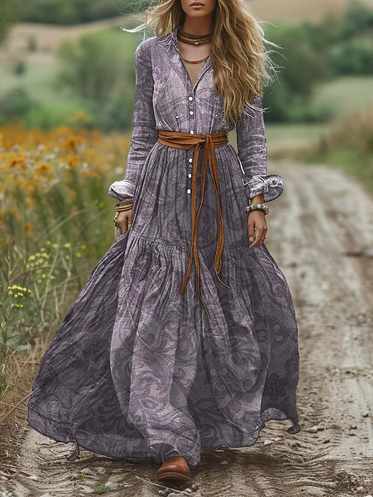 Women's Vintage Shirt Collar Dark Pattern Print Long Sleeve Dress Pocket Cotton Dress