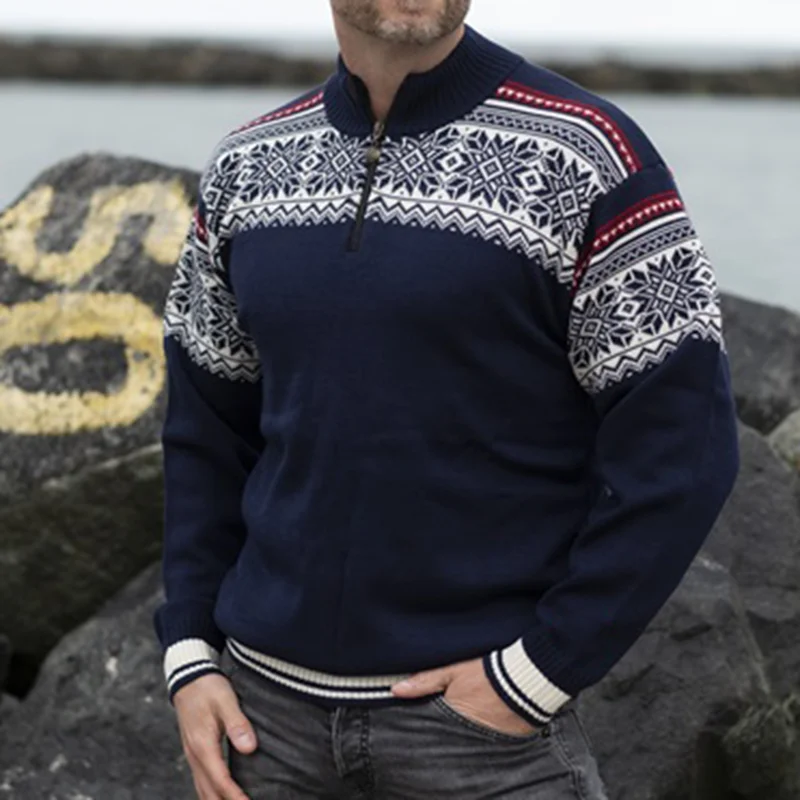 Vintage Warmth Bordeaux Knit Jacquard Icelandic Half Zip Collar Sweater（Unisex ）